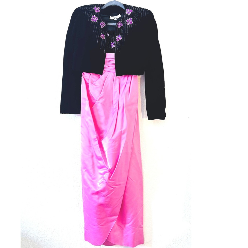 Vintage Victor Costa Pink & Black Embellished 2-Piece Evening Gown 80s Glam SZ 4